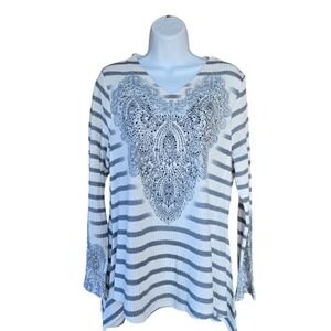 One World Waffle Knit Tunic Women M Gray Striped Paisley Rhinestone Sharkbite